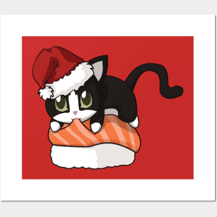 Tuxedo Cat Salmon Sushi Christmas Posters and Art